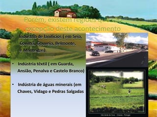 Porém, existem regiões que são excepção deste acontecimento Indústria de lanifícios ( em Seia,        Covilhã, Gouveia, Belmonte,        e Manteigas).Indústria têxtil ( em Guarda,     Ansião, Penalva e Castelo Branco) Indústria de águas minerais (em      Chaves, Vidago e Pedras Salgadas