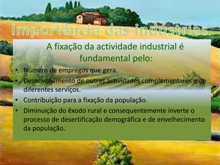 Importância das indústrias  A fixação da actividade industrial é fundamental pelo:Número de empregos que gera.Desenvolvimento de outras actividades complementares e de diferentes serviços.Contribuição para a fixação da população.Diminuição do êxodo rural e consequentemente inverte o processo de desertificação demográfica e de envelhecimento da população.