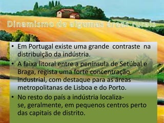 Dinamismo de algumas áreas ruraisEm Portugal existe uma grande  contraste  na distribuição da indústria.A faixa litoral entre a península de Setúbal e Braga, regista uma forte concentração industrial, com destaque para as áreas  metropolitanas de Lisboa e do Porto.No resto do país a indústria localiza-se, geralmente, em pequenos centros perto das capitais de distrito.