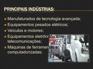 PRINCIPAIS INDÚSTRIAS:

 Manufaturados de tecnologia avançada;
 Equipamentos pesados elétricos;

 Veículos e motores;

 Equipamentos eletrônicos e de
  telecomunicações;
 Máquinas de ferramentas e
  computadorizadas;
 