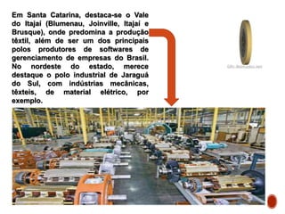 Em Santa Catarina, destaca-se o Vale
do Itajaí (Blumenau, Joinville, Itajaí e
Brusque), onde predomina a produção
têxtil, além de ser um dos principais
polos produtores de softwares de
gerenciamento de empresas do Brasil.
No nordeste do estado, merece
destaque o polo industrial de Jaraguá
do Sul, com indústrias mecânicas,
têxteis, de material elétrico, por
exemplo.
 