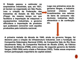 O Estado passou a estimular os
empresários industriais, que, em 1931,
já haviam se organizado em São Paulo,
com a criação da Federação das
Indústrias do Estado de São Paulo
(Fiesp). Ao mesmo tempo em que
facilitava a importação de máquinas e
equipamentos industriais, o governo
dificultava a importação de produtos
que pudessem concorrer com aqueles
produzidos pela indústria nacional.
Logo nos primeiros anos do
governo Vargas, a indústria
nacional cresceu com
investimentos nos setores
de bens de consumo não
duráveis: indústrias têxtil,
alimentícia e de confecção
etc.
A primeira metade da década de 1940, ainda no governo Vargas, foi
decisiva para a criação da infraestrutura industrial, com a fundação da
Companhia Siderúrgica Nacional (CSN), da Companhia Vale do Rio Doce
(atualmente Vale), da Companhia Nacional de Álcalis (CNA), da Fábrica
Nacional de Motores (FNM), entre outras. No segundo governo de Getúlio
Vargas (1950-1954) seria criada a Petrobras (1953). Todas essas empresas
tinham participação majoritária do capital estatal.
 