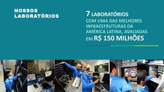 NOSSOS
LABORATÓRIOS 7 LABORATÓRIOS
COM UMA DAS MELHORES
INFRAESTRUTURAS DA
AMÉRICA LATINA, AVALIADAS
EM R$ 150 MILHÕES
 