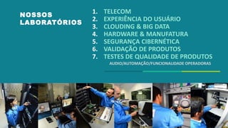 NOSSOS
LABORATÓRIOS
1. TELECOM
2. EXPERIÊNCIA DO USUÁRIO
3. CLOUDING & BIG DATA
4. HARDWARE & MANUFATURA
5. SEGURANÇA CIBERNÉTICA
6. VALIDAÇÃO DE PRODUTOS
7. TESTES DE QUALIDADE DE PRODUTOS
AUDIO/AUTOMAÇÃO/FUNCIONALIDADE OPERADORAS
 