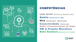 Low level ( S o f t w a r e E m b a r c a d o )
Mobile ( A n d r o i d & i O S )
Web ( F r o n t - e n d / B a c k - e n d )
Conectividade ( Te l e c o m )
Áudi o e P r ocessamento de Ví deo
HW & Projeto Mecânico
Data Science ( A n a l y t i c s & C l o u d )
COMPETÊNCIAS
 