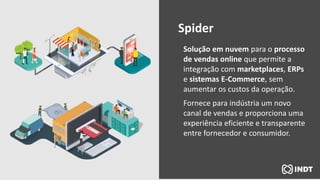 Solução em nuvem para o processo
de vendas online que permite a
integração com marketplaces, ERPs
e sistemas E-Commerce, sem
aumentar os custos da operação.
Fornece para indústria um novo
canal de vendas e proporciona uma
experiência eficiente e transparente
entre fornecedor e consumidor.
Spider
 