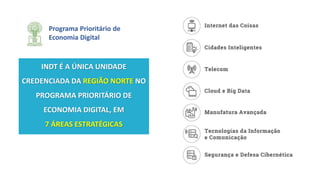 INDT É A ÚNICA UNIDADE
CREDENCIADA DA REGIÃO NORTE NO
PROGRAMA PRIORITÁRIO DE
ECONOMIA DIGITAL, EM
7 ÁREAS ESTRATÉGICAS
Programa Prioritário de
Economia Digital
 