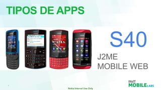 TIPOS DE APPS


                  S40
                J2ME
                MOBILE WEB
 