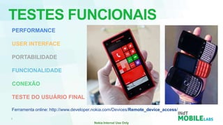 TESTES FUNCIONAIS
PERFORMANCE

USER INTERFACE

PORTABILIDADE

FUNCIONALIDADE

CONEXÃO

TESTE DO USUÁRIO FINAL

Ferramenta online: http://www.developer.nokia.com/Devices/Remote_device_access/
 