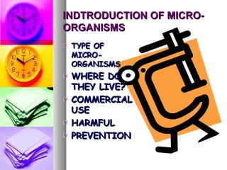 INDTRODUCTION OF MICRO-INDTRODUCTION OF MICRO-
ORGANISMSORGANISMS
TYPE OFTYPE OF
MICRO-MICRO-
ORGANISMSORGANISMS
WHERE DOWHERE DO
THEY LIVE?THEY LIVE?
COMMERCIALCOMMERCIAL
USEUSE
HARMFULHARMFUL
PREVENTIONPREVENTION
 
