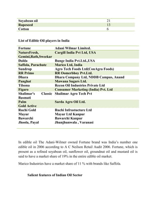 Soyabean oil                                                 21
Rapeseed                                                     13
Cotton                                                       6


List of Edible Oil players in India

Fortune                  Adani Wilmar Limited.
NatureFresh,             Cargill India Pvt Ltd, USA
Gemini,Rath,Sweekar
Dalda                    Bunge India Pvt.Ltd.,USA
Saffola, Parachute       Marico Ltd, India
Sundrop                  Agro Tech Foods Ltd(ConAgra Foods)
RR Primo                 RR Oomerbhoy Pvt.Ltd.
Dhara                    Dhara Company Ltd, NDDB Campus, Anand
Panghat                  Mawana Sugars Ltd.
Tilsona                  Recon Oil Industries Private Ltd
Figaro                   Consumer Marketing (India) Pvt. Ltd
Shalimar's     Classic   Shalimar Agro Tech Pvt
Basmati
Palm                     Sarda Agro Oil Ltd.
Gold Active
Ruchi Gold               Ruchi Infrastucture Ltd
Mayur                    Mayur Ltd Kanpur
Bawarchi                 Bawarchi Kanpur
Jhoola, Payal            Jhunjhunwala , Varanasi




In edible oil The Adani-Wilmer owned Fortune brand was India’s number one
edible oil in 2006 according to A C Neilson Retail Audit 2006. Fortune, which is
present as a refined soyabean oil, sunflower oil, groundnut oil and mustard oil is
said to have a market share of 19% in the entire edible oil market.

Marico Industries have a market share of 11 % with brands like Saffola.


      Salient features of Indian Oil Sector
 