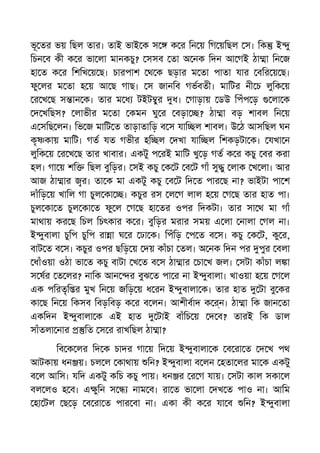 ভূ তর ভয় িছল তার। তাই ভাই ক স ক র িন য় িগ য়িছল স। িক ই ু
িচন ব কী ক র ভা লা মানকচু? সসব তা অ নক িদন আ গই ঠা া িন জ
হা ত ক র িশিখ য় ছ। চারপাশ থ ক ছড়ার ম তা পাতা যার বির য় ছ।
ফু লর ম তা হ য় আ ছ গাছ। স জানিব গভবতী। মািটর নী চ লুিক য়
র খ ছ স ান ক। তার ম ধ টইট ুর ধ। গাড়ায় ডউ িপঁপ ড় লা ক
দ খিছস? লাভীর ম তা কমন ঘু র বড়া ? ঠা া বড় শাবল িন য়
এ সিছ লন। িভ জ মািট ত তাড়াতািড় ব স যাি ল শাবল। উ ঠ আসিছল ঘন
কৃ কায় মািট। গত যত গভীর হি ল দখা যাি ল িশকড়টা ক। যখা ন
লুিক য় র খ ছ তার খাবার। একটু প রই মািট খু ড় গত ক র কচু বর করা
হল। গা য় শি িছল বুিড়র। সই কচু ক ট ব ট গাঁ সু ু লাক খ লা। আর
আজ ঠা ার র। তা ক মা একটু কচু ব ট িদ ত পার ছ না? ভাইটা পা শ
দাঁিড় য় খািল গা চুল কা । কচুর রস ল গ লাল হ য় গ ছ তার হাত পা।
চুল কা ত চুল কা ত ফু ল গ ছ হা তর ওপর িদকটা। তার সা থ মা গাঁ
মাথায় কর ছ িচল িচৎকার ক র। বুিড়র মরার সময় এ লা নালা গল না।
ই ুবালা চুিপ চুিপ রা া ঘ র ঢা ক। িপঁিড় প ত ব স। কচু ক ট, কু র,
বাট ত ব স। কচুর ওপর ছিড় য় দয় কাঁচা তল। অ নক িদন পর পুর বলা
ধাঁওয়া ওঠা ভা ত কচু বাটা খ ত ব স ঠা ার চা খ জল। সটা কাঁচা ল া
স ষর ত লর? নািক আন র বুঝ ত পা র না ই ুবালা। খাওয়া হ য় গ ল
এক পিরতৃি র মুখ িন য় জিড় য় ধ রন ই ুবালা ক। তার হাত টা বু কর
কা ছ িন য় িকসব িবড়িবড় ক র ব লন। আশীবাদ ক ন। ঠা া িক জান তা
একিদন ই ুবালা ক এই হাত টাই বাঁিচ য় দ ব? তারই িক ডাল
সাঁতলা নার িত স র রাখিছল ঠা া?
িব ক লর িদ ক চাদর গা য় িদ য় ই ুবালা ক ব রা ত দ খ পথ
আটকায় ধন য়। চল ল কাথায় িন? ই ুবালা ব লন হতা লর মা ক একটু
ব ল আিস। যিদ একটু কিচ কচু পায়। ধন র র গ যায়। সটা কাল সকা ল
বল লও হ ব। এ ুিন স নাম ব। রা ত ভা লা দখ ত পাও না। আিম
হা টল ছ ড় ব রা ত পার বা না। একা কী ক র যা ব িন? ই ুবালা
 