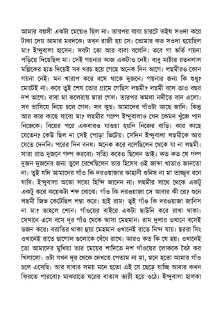 আমার বয়সী একটা ম য়ও িছল না। তারপর বাবা চার ট ভইষ সওদা ক র
টাকা দয় আমার মরদ ক। তখন রাজী হয় স। তামার কত সওদা হ য়িছল
মা? ই ুবালা হা সন। সবটা তা আর বাবা ব লিন। ত ব গা ভিত গয়না
পিড় য় িদ য়িছল মা। সই গয়নার আজ একটাও নই। বাবু মা ার রতনলাল
মি কর হাত িদ য়ই সব খরচ হ য় গ ছ অ নক িদন আ গ। লছমীরও কান
গয়না নই। মন খারাপ ক র ব স থা ক জ ন। গয়নার জন িক ধু?
মা টই না। ক ব তুই শষ তার া ম গিছস লছমী? লছমী ব ল তাও বছর
দশ আ গ। বাবা মা ক লরায় মারা গল। তারপর কমলা নদী ত বান এ লা।
সব ভািস য় িন য় চ ল গল। সব কুছ। আমা দর গাঁওটা আ ছ জািন। িক
আর কার কা ছ যা বা মা? লছমীর গ ই ুবালাও যন কমন খুঁ জ পান
িন জ ক। িব য়র প র একবারও যাওয়া হয়িন িন জর বািড়। কার কা ছ
য তন? কউ িছল না সই পাড়া িভ টয়। সিদন ই ুবালা লছমী ক আর
য ত দনিন। প রর িদন বনধ। অ নক ক র ব লিছ লন থ ক যা না লছমী।
সারা রাত জ ন গ কর বা। সিত ক রও িছ লন তাই। কত কত য গ
জন জ নর জন তু ল র খিছ লন তার িহ সব ওই জা া খাতাও জান তা
না। তুই যিদ আমা দর গাঁও িক দরওয়াজার কাহানী িনস না মা তা ব ব ন
যািব। ই ুবালা অ তা স তা িহি জা নন না। লছমীর সা থ থ ক একটু
একটু ক র ক য়কটা শ বা ঝ। গাঁও িক দরওয়াজা স আবার কী র? ন
লছমী িজভ ক টিছল ল া ক র। হাই রাম! তুই গাঁও িক দরওয়াজা জািনস
না মা? তাহ ল শান। গাঁও য়র বাই র একটা ছাউিন ক র রাখা থাকা।
সখা ন এ স ব স দূর গাঁও থ ক আসা মহমান। রাম লার ওখা ন ব সই
ভজন ক র। বরািতর থাকা য়া মহমান ওখা নই রা ত িন যায়। ছররা িসং
ওখা নই রা ত ছা গাল লা ক বঁ ধ রা খ। আরও কত িক য হয়। ওখা নই
তা আমা দর মুিখয়া তার ম য়র শািদ ত দশ গাঁও য়র লাক ক বঠ কর
িখলা লা। ওটা যখন দূর থ ক দখ ত পতাম না মা, ম ন হ তা আমার গাঁও
চ ল এ সিছ। আর যাবার সময় ম ন হ তা এই য ছ ড় যাি আবার কখন
িফর ত পার বা? মাঝরা ত ঘ রর বাতাস ভারী হ য় ও ঠ। ই ুবালা হালকা
 