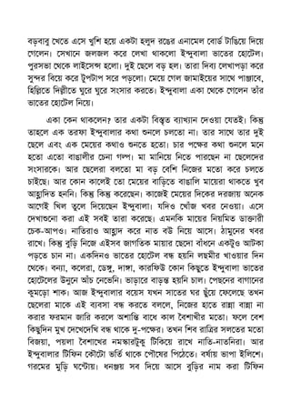 বড়বাবু খ ত এ স খুিশ হ য় একটা হলুদ র ঙর এনা মল বাড টািঙ য় িদ য়
গ লন। সখা ন জলজল ক র লখা থাক লা ই ুবালা ভা তর হা টল।
পুরসভা থ ক লাই স হ লা। ই ছ ল বড় হল। তারা িদব লখাপড়া ক র
সু র িব য় ক র টুপটাপ স র পড় লা। ম য় গল জামাই য়র সা থ পা া ব,
িহি ত িদ ী ত ঘু র ঘু র সংসার কর ত। ই ুবালা একা থ ক গ লন তাঁর
ভা তর হা টল িন য়।
একা কন থাক লন? তার একটা িব ৃত ব াখ ান দওয়া যতই। িক
তাহ ল এক তরফা ই ুবালার কথা ন ল চল তা না। তার সা থ তার ই
ছ ল এবং এক ম য়র কথাও ন ত হ তা। চার প র কথা ন ল ম ন
হ তা এ তা বাঙালীর চনা গ । মা মািন য় িন ত পার ছন না ছ ল দর
সংসার ক। আর ছ লরা বল তা মা বড় বিশ িন জর ম তা ক র চল ত
চাই ছ। আর কান কা লই তা ম য়র বািড় ত বাঙািল মা য়রা থাক ত খুব
আ ািদত হনিন। িক িক ক র ছন। কা জই ম য়র িদ কর দরজায় অ নক
আ গই িখল তু ল িদ য় ছন ই ুবালা। যিদও খাঁজ খবর নওয়া। এ স
দখা না করা এই সবই তারা ক র ছ। এমনিক মা য়র িনয়িমত ডা ারী
চক-আপও। নািতরাও আ াদ ক র নাত বউ িন য় আ স। ঠামু নর খবর
রা খ। িক বুিড় িন জ এইসব জাগিতক মায়ার ছ দা বাঁধ ন একটুও আটকা
পড় ত চান না। একিদনও ভা তর হা টল ব হয়িন লছমীর খাওয়ার িদন
থ ক। বন া, ক লরা, ড ু, দা া, কারিফউ কান িকছু ত ই ুবালা ভা তর
হা ট লর উনু ন আঁচ ন ভিন। ভাড়া র বাড় হয়িন চাল। পছ নর বাগা নর
কুম ড়া শাক। আজ ই ুবালার ব য়স যখন সা তর ঘর ছুঁ য় ফ ল ছ তখন
ছ লরা মা ক এই ব বসা ব কর ত বল ল, িন জর হা ত রা া বা া না
করার ফরমান জাির কর ল অশাি বা ধ কাল বশাখীর ম তা। ফ ল বশ
িকছুিদন মুখ দ খ দিখ ব থা ক -প র। তখন িশব রাি র সল তর ম তা
িবজয়া, পয়লা বশা খর নম ারটুকু িটিক য় রা খ নািত-নাতিনরা। আর
ই ুবালার িটিফন কৗ টা ভিত থা ক পৗ ষর িপ ঠ ত। বষায় ভাপা ইিল শ।
গর মর মুিড় ঘ ায়। ধন য় সব িদ য় আ স বুিড়র নাম করা িটিফন
 