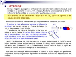    - LEY DE LENZ
    El signo negativo que aparece en la expresión de la ley de Faraday indica cuál es el
    sentido de la corriente inducida. Sin embargo, fue Lenz quien describió la forma de
    determinar dicho sentido, al enunciar la ley que lleva su nombre:
    El sentido de la corriente inducida es tal, que se opone a la
    causa que la produce.
 Estudiemos con detalle los casos en que se producían las corrientes inducidas.
   Al acercar el imán a la espira, aumenta el flujo que la
atraviesa, ya que es mayor el número de líneas de
fuerza que pasan a través de ella.
   El sentido de la corriente inducida es tal que se
opone a ese aumento. Al circular la corriente inducida
por la espira creará, a su vez, un campo magnético,
cuyo flujo debe tender a contrarrestar el incremento que
provoca en el flujo el acercamiento del imán.
  Cuando el polo norte del imán se acerca a la espira, el sentido de la corriente es la
espira debe ser tal que aparezca el polo norte de su campo frente al polo norte que se
aproxima. Para que esto ocurra, la corriente debe circular como se indica la figura. El
sentido se obtiene aplicando la regla de la mano derecha.

  Si el polo norte se aleja, debe aparecer en la cara de la espira un polo sur que tienda
a oponerse a dicho alejamiento, y para ello la corriente en la bobina debe cambiar de
sentido.
 