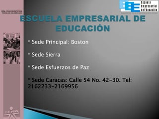 RESOLUCIÓN 4490 -19135 SECRETARIA DE EDUCACIÓN DE ANTIOQUIA




* Sede Principal: Boston

* Sede Sierra

* Sede Esfuerzos de Paz

* Sede Caracas: Calle 54 No. 42-30. Tel:
2162233-2169956
 