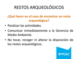 RESTOS ARQUEOLÓGICOS
¿Qué hacer en el caso de encontrar un resto
arqueológico?
• Paralizar las actividades.
• Comunicar inmediatamente a la Gerencia de
Medio Ambiente.
• No tocar, recoger ni alterar la disposición de
los restos arqueológicos.

 