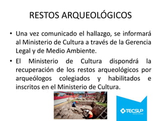 RESTOS ARQUEOLÓGICOS
• Una vez comunicado el hallazgo, se informará
al Ministerio de Cultura a través de la Gerencia
Legal y de Medio Ambiente.
• El Ministerio de Cultura dispondrá la
recuperación de los restos arqueológicos por
arqueólogos colegiados y habilitados e
inscritos en el Ministerio de Cultura.

 