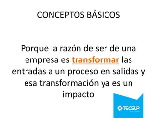 CONCEPTOS BÁSICOS

Porque la razón de ser de una
empresa es transformar las
entradas a un proceso en salidas y
esa transformación ya es un
impacto

 
