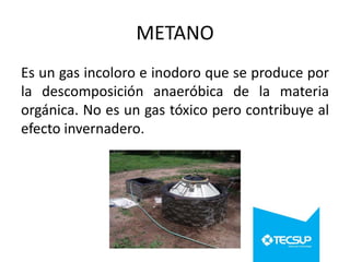METANO
Es un gas incoloro e inodoro que se produce por
la descomposición anaeróbica de la materia
orgánica. No es un gas tóxico pero contribuye al
efecto invernadero.

 
