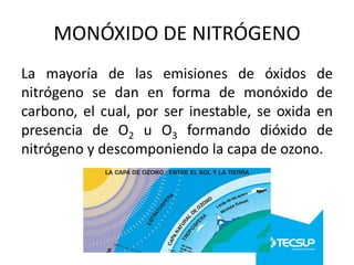 MONÓXIDO DE NITRÓGENO
La mayoría de las emisiones de óxidos de
nitrógeno se dan en forma de monóxido de
carbono, el cual, por ser inestable, se oxida en
presencia de O2 u O3 formando dióxido de
nitrógeno y descomponiendo la capa de ozono.

 