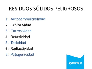 RESIDUOS SÓLIDOS PELIGROSOS
1.
2.
3.
4.
5.
6.
7.

Autocombustibilidad
Explosividad
Corrosividad
Reactividad
Toxicidad
Radiactividad
Patogenicidad

 