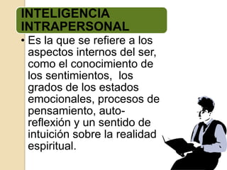 INTELIGENCIA
INTRAPERSONAL
• Es la que se refiere a los
  aspectos internos del ser,
  como el conocimiento de
  los sentimientos, los
  grados de los estados
  emocionales, procesos de
  pensamiento, auto-
  reflexión y un sentido de
  intuición sobre la realidad
  espiritual.
 