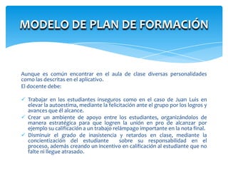 MODELO DE PLAN DE FORMACIÓN


Aunque es común encontrar en el aula de clase diversas personalidades
como las descritas en el aplicativo.
El docente debe:

 Trabajar en los estudiantes inseguros como en el caso de Juan Luis en
  elevar la autoestima, mediante la felicitación ante el grupo por los logros y
  avances que él alcance.
 Crear un ambiente de apoyo entre los estudiantes, organizándolos de
  manera estratégica para que logren la unión en pro de alcanzar por
  ejemplo su calificación a un trabajo relámpago importante en la nota final.
 Disminuir el grado de inasistencia y retardos en clase, mediante la
  concientización del estudiante          sobre su responsabilidad en el
  proceso, además creando un incentivo en calificación al estudiante que no
  falte ni llegue atrasado.
 