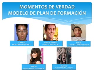 MOMENTOS DE VERDAD
MODELO DE PLAN DE FORMACIÓN


     .


       JUAN LUIS                     CARLOS ALBERTO                        TOBIAS
 PROBLEMAS EMOCIONALES             COMICO E INTELECTUAL          EXCELENTE COMPORTAMIENTO




                     MARUJA                              AMPARO
             COQUETEA CON EL PROFESOR            PARTICIPATIVA Y AGRESIVA
 