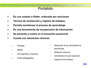 Portafolio

       Es una carpeta o fólder, ordenado por secciones
       Técnica de recolección y registro de trabajos.
       Permite monitorear el proceso de aprendizaje
       Es una herramienta de recuperación de información
       Se presenta y evalúa en el encuentro presencial
       Cuenta con elementos mínimos


          Portada                             Desarrollo de las actividades de
                                                aprendizaje
          Metas
                                               Reflexión personal
          Cronograma y horarios
                                               Actividades de auto-regulación
          Ficha bibliográfica
                                               Copias de los trabajos
 