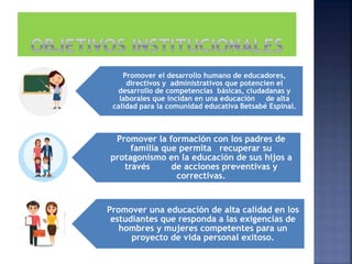Promover el desarrollo humano de educadores,
directivos y administrativos que potencien el
desarrollo de competencias básicas, ciudadanas y
laborales que incidan en una educación de alta
calidad para la comunidad educativa Betsabé Espinal.
Promover la formación con los padres de
familia que permita recuperar su
protagonismo en la educación de sus hijos a
través de acciones preventivas y
correctivas.
Promover una educación de alta calidad en los
estudiantes que responda a las exigencias de
hombres y mujeres competentes para un
proyecto de vida personal exitoso.
 