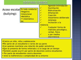 Acoso escolar
(bullying):
Es toda conducta:
•Negativa
•Intencional
•Metódica
•Y sistemática
de:
Contra un niño, niña o adolescente
Por parte de un estudiante o varios de sus pares
Con quienes mantiene una relación de poder asimétrica
Que se presenta de forma reiterada o a lo largo de un tiempo
También puede ocurrir por parte de docentes contra estudiantes
 Por parte de estudiantes contra docentes
 Ante la indiferencia o complicidad de su entorno
 Agresión Intimidación
 Humillación
 Ridiculización
 Difamación
 Coacción
 Aislamiento deliberado
 Amenaza
 Incitación a la
violencia
 Cualquier forma de
maltrato psicológico,
verbal, físico
 o por medios
electrónicos
 