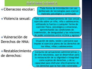  Ciberacoso escolar:
 Violencia sexual:
 Vulneración de
Derechos de NNA:
 Restablecimiento
de derechos:
Toda forma de intimidación con uso
deliberado de tecnologías para ejercer
maltrato psicológico y continuado
Todo acto o comportamiento de tipo sexual
ejercido sobre un niño, niña o adolescente,
utilizando la fuerza o cualquier forma de
coerción física, psicológica o emocional,
aprovechando las condiciones de
indefensión, de desigualdad y las relaciones
de poder existentes entre víctima y agresor
Situación de daño, lesión o perjuicio que
impide el ejercicio pleno de los derechos de
los niños, niñas y adolescentes
Conjunto de actuaciones administrativas y
de otra naturaleza, que se desarrollan para
la restauración de su dignidad e integridad
como sujetos de derechos, y de su
capacidad para disfrutar efectivamente de
los derechos que le han sido vulnerados
 