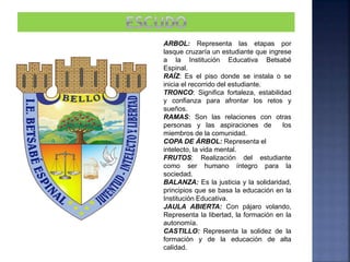 ARBOL: Representa las etapas por
lasque cruzaría un estudiante que ingrese
a la Institución Educativa Betsabé
Espinal.
RAÍZ: Es el piso donde se instala o se
inicia el recorrido del estudiante.
TRONCO: Significa fortaleza, estabilidad
y confianza para afrontar los retos y
sueños.
RAMAS: Son las relaciones con otras
personas y las aspiraciones de los
miembros de la comunidad.
COPA DE ÁRBOL: Representa el
intelecto, la vida mental.
FRUTOS: Realización del estudiante
como ser humano íntegro para la
sociedad.
BALANZA: Es la justicia y la solidaridad,
principios que se basa la educación en la
Institución Educativa.
JAULA ABIERTA: Con pájaro volando,
Representa la libertad, la formación en la
autonomía.
CASTILLO: Representa la solidez de la
formación y de la educación de alta
calidad.
 
