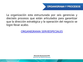 La organización esta estructurada por seis gerencias y
dieciséis procesos que están articulados para garantizar
que la dirección estratégica y la operación del negocio se
logre llevar acabo.
ORGANIGRAMA SERVIESPECIALES
Dirección Nacional de GTH
Gerencia de talento Humano
 