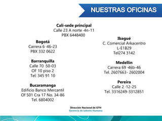 Dirección Nacional de GTH
Gerencia de talento Humano
Cali-sede principal
Calle 23 A norte ·4n-11
PBX 6448400
Bogotá
Carrera 6 ·46-23
PBX 332 0622
Barranquilla
Calle 70 ·50-03
OF 10 piso 2
Tel: 345 91 10
Bucaramanga
Edificio Banco Mercantil
Of 501 Cra 17 No. 34-86
Tel. 6804002
Ibagué
C. Comercial Arkacentro
L-E1B29
Tel274 3142
Medellín
Carrera 69 ·46b-46
Tel. 2607663- 2602004
Pereira
Calle 2 ·12-25
Tel. 3316249-3312851
 