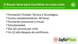 2) Buscar tema para inscribirse en curso corto
✓Formación Titulada: Técnica o Tecnológica.
✓Cursos complementarios: 40 horas
✓Formación presencial o virtual.
✓Simultaneidad
✓Dos (2) carreras por nivel.
✓Un (1) año después de certificarse.
 