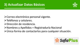 3) Actualizar Datos Básicos
➢Correo electrónico personal vigente.
➢Teléfonos y celulares.
➢Dirección de residencia.
➢Nombres y Apellidos = Registraduría Nacional
➢Única forma de contactarlos para cualquier situación.
 