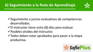 6) Seguimiento a la Ruta de Aprendizaje
✓Seguimiento a juicios evaluativos de competencias
desarrolladas.
✓El Instructor tiene ocho (8) días para evaluar.
✓Posibles olvidos del Instructor.
✓Todos deben estar aprobados para pasar a la etapa
productiva.
 