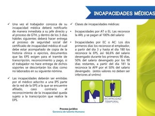  Una vez el trabajador conozca de su
incapacidad médica deberá notificarlo
de manera inmediata a su jefe directo y
al proceso de GTH, y dentro de los 3 días
hábiles siguientes deberá hacer entrega
al proceso de seguridad social del
certificado de incapacidad médica el cual
debe estar acompañado de copia de la
historia clínica o epicrisis, documentos
que las EPS exigen para el tramite de
transcripción, reconocimiento y pago, si
el trabajador no hace entrega de dichos
soportes se descontarán los días como
no laborados en su siguiente nómina.
 Las incapacidades deberán ser emitidas
por el médico adscrito a una IPS parte
de la red de la EPS a la que se encuentre
afiliado, caso contrario el
reconocimiento de la incapacidad queda
sujeto a la transcripción que realice la
EPS.
 Clases de incapacidades médicas:
• Incapacidades por AT o EL: Las reconoce
la ARL y se pagan al 100% del salario
• Incapacidades por EC o AC: Los dos
primeros días los reconoce el empleador,
a partir del día 3 y hasta el día 180 los
reconoce la EPS, así: 66,6% del salario
devengado durante los primeros 90 días,
50% del salario devengado por los 90
días restantes, a partir del día 181 la
reconoce la AFP por el 50% del salario
devengado. (estos valores no deben ser
inferiores al smlmv)
Proceso jurídico
Gerencia de talento Humano
 