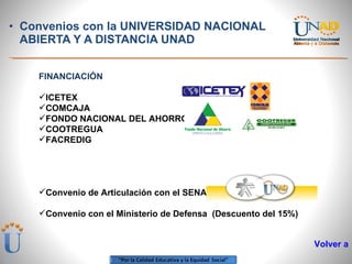 Convenios con la UNIVERSIDAD NACIONAL ABIERTA Y A DISTANCIA UNAD  FINANCIACIÓN ICETEX COMCAJA FONDO NACIONAL DEL AHORRO  COOTREGUA FACREDIG Convenio de Articulación con el SENA  Convenio con el Ministerio de Defensa  (Descuento del 15%) Volver al menú  