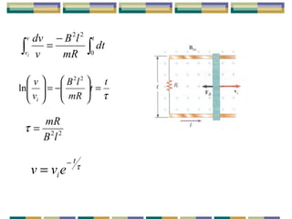∫∫
−
=
tv
v
dt
mR
lB
v
dv
i 0
22
τ
t
t
mR
lB
v
v
i
=





−=




 22
ln
22
lB
mR
=τ
τ
t
ievv
−
=
 