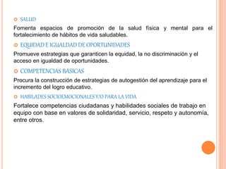  SALUD
Fomenta espacios de promoción de la salud física y mental para el
fortalecimiento de hábitos de vida saludables.
 EQUIDAD E IGUALDAD DE OPORTUNIDADES
Promueve estrategias que garanticen la equidad, la no discriminación y el
acceso en igualdad de oportunidades.
 COMPETENCIAS BASICAS
Procura la construcción de estrategias de autogestión del aprendizaje para el
incremento del logro educativo.
 HABILADES SOCIOEMOCIONALES Y/O PARA LA VIDA
Fortalece competencias ciudadanas y habilidades sociales de trabajo en
equipo con base en valores de solidaridad, servicio, respeto y autonomía,
entre otros.
 