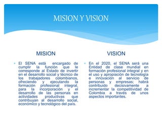 MISION Y VISION
MISION
 El SENA está encargado de
cumplir la función que le
corresponde al Estado de invertir
en el desarrollo social y técnico de
los trabajadores colombianos,
ofreciendo y ejecutando la
formación profesional integral,
para la incorporación y el
desarrollo de las personas en
actividades productivas que
contribuyan al desarrollo social,
económico y tecnológico del país.
VISION
 En el 2020, el SENA será una
Entidad de clase mundial en
formación profesional integral y en
el uso y apropiación de tecnología
e innovación al servicio de
personas y empresas; habrá
contribuido decisivamente a
incrementar la competitividad de
Colombia a través de unos
aspectos importantes.
 