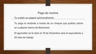 Pago de nomina
Tu sueldo se pagará quincenalmente.
Tu pago lo recibirás a través de un cheque que podrás cobrar
en cualquier banco de Bancomer.
El aguinaldo se te dará el 18 de Diciembre será el equivalente a
20 días de trabajo
 