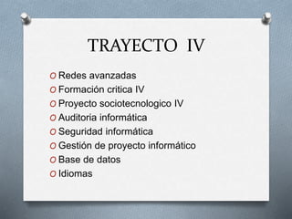 TRAYECTO IV
O Redes avanzadas
O Formación critica IV
O Proyecto sociotecnologico IV
O Auditoria informática
O Seguridad informática
O Gestión de proyecto informático
O Base de datos
O Idiomas
 