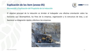 17
Inducción Específica
Explicación de los ítem (anexo 05)
Bienvenida y Explicación del Propósito de la Inducción
El objetivo principal de la inducción es brindar al trabajador una efectiva orientación sobre las
funciones que desempeñará, los fines de la empresa, organización y la estructura de ésta, y así
favorecer su integración rápida y efectiva a las empresas.
 