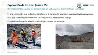 18
Inducción Específica
Explicación de los ítem (anexo 05)
Reconocimiento guiado a las áreas donde los trabajadores desempeñaran su trabajo
Es una orientación para todo el personal nuevo o transferido, a cargo de sus respectivos supervisores,
en la cual se reconoce directamente las características de las área de trabajo.
El supervisor debe guiar a la visita del trabajador nuevo o transferido.
 