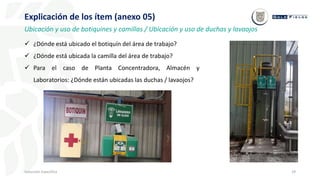 29
Inducción Específica
Explicación de los ítem (anexo 05)
Ubicación y uso de botiquines y camillas / Ubicación y uso de duchas y lavaojos
 ¿Dónde está ubicado el botiquín del área de trabajo?
 ¿Dónde está ubicada la camilla del área de trabajo?
 Para el caso de Planta Concentradora, Almacén y
Laboratorios: ¿Dónde están ubicadas las duchas / lavaojos?
 