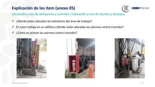 30
Inducción Específica
Explicación de los ítem (anexo 05)
Ubicación y uso de botiquines y camillas / Ubicación y uso de duchas y lavaojos
 ¿Dónde están ubicados los extintores del área de trabajo?
 En caso trabaje en un edificio ¿Dónde están ubicadas las alarmas contra incendio?
 ¿Cómo se activan las alarmas contra incendio?
 